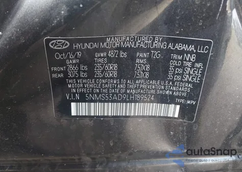 2020 Hyundai Santa Fe Limited z USA, uszkodzony, nr VIN 5NMS53AD9LH189524